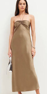 NEW Reformation Valora Gold Silk Satin Halter Tie Midi Maxi Cami Slip Dress 10 Photo 0