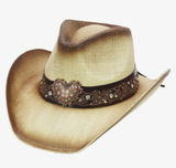 Beige Western Straw Cowgirl Hat with Heart Concho Photo 0