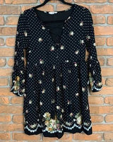 Entro Dress Womens Small Black Floral Polka Dot Criss Cross Neck Cottage Core Photo 0