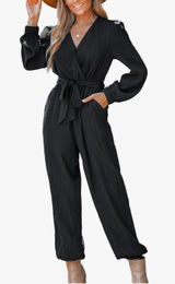 Cupshe Black Pleated Long Sleeve Belted Surplice Jogger Jumpsuit Size XL Photo 0