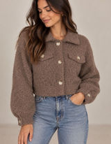Mable Brown Fuzzy Boucle Cropped Sweater Jacket Teddy Shacket Small Photo 0