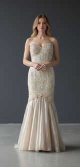 Mac Duggal Couture‎ Beaded Strapless Gown Womens 4 Champagne Lace Mermaid Formal Photo 0