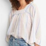 Gap Linen Square-Neck Top Womens Small White 3/4 Sleeve Beachy Flowy Stripe‎ Photo 0