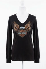 Harley-Davidson Women M Black Long Sleeve V-Neck Eagle Graphic Shirt Bumpus TN Photo 0