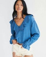 Free People Amber Chambray Ruffle Blouse (Size S) Photo 0