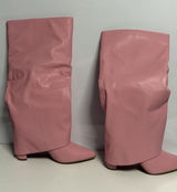 Fold Over Skirted Knee Boots 3" Chunky Heel Pull On Half Zipper Pink Size 8.5 Photo 0