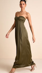 Lulu's Memorable Entrance Olive Green Strapless Satin Maxi Dress Photo 0