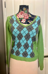 Vintage J.Crew Argyle V-Neck Sweater XS Green Blue Merino Angora Cashmere Y2K Photo 0