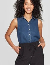 A New‎ Day XS Denim Sleeveless Buttoned Top Casual Boho Resort Capsule Spring Photo 0