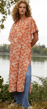 Orange Floral Print Maxi Dress - Casual Tie-Neck Tunic Photo 0