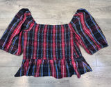 Draper James RSVP‎ Womens XXL Red Plaid Smocked Peplum Puff Sleeve Top Photo 0
