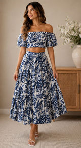 🌸 Abercrombie & Fitch Blue Floral Two Piece Set Top L Skirt LP 🌸 Photo 0