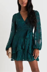 Lulus Green Leaf Embroidered Long Sleeve Tiered Mini Dress M Photo 0