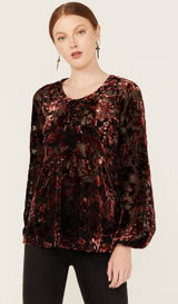 Shyanne Women Velvet Burnout Blouse Top XL Burgundy Floral Paisley Lace Up Sheer Photo 0