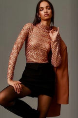NWT!! Anthropologie PILCRO Turtleneck Sequin Top Shirt Bronze Party Glam X-Small Photo 0