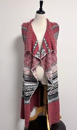 Anthropologie Sleeping On Snow Red Ivory Quillins Jacquard Open Vest Duster M/LP Photo 0