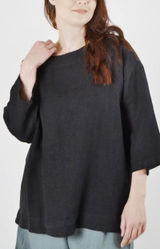 Brynn Walker 100% Linen Popover Lagenlook Blouse Top Size Small Black Photo 0