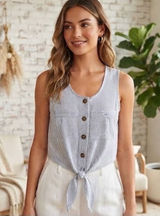 Dex Women M Pinstripe Top Tie Front Sleeveless Button Up Minimalist Chic Tencel Photo 0