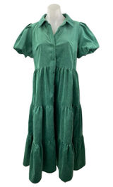 Crown & Ivy Women's Green Short Puff Sleeve Button Up Tiered Midi Dress Size M Photo 0
