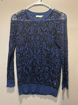 Hinge Nordstrom Womens Small S Blue Black Damask Intarsia Knit Sweater Top Photo 0