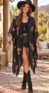 DO EVERYTHING IN LOVE Embroidered Floral Kimono Wrap Black Bohemian One Size Photo 0