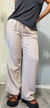 Briggs Womens Small Pants‎ Tan White Striped Wide Leg Linen Blend Elastic Waist Photo 0