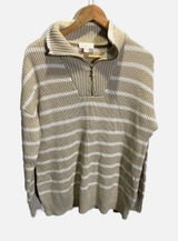 Belle by Kim Gravel Sweater Womens M Tan Striped Quarter Zip Knit Pullover Photo 0
