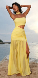 Amazon Yellow maxi dress cutout mesh ruched gown slit strapless neckscarf wedding guest Photo 0