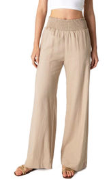 Love Tree Linen Blend Wide Leg Pants Beige Smocked‎ Waist Trousers Large NWT Photo 0
