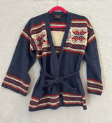 Mademoiselle Knitwear Vintage Nordic Fair Isle Wrap Belted Cardigan Sweater Blue Photo 0