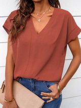 NWT V‑Neck Short Bat Sleeve Loose Top Rust Casual Women’s Blouse Size Large Photo 0