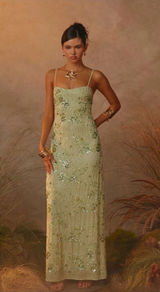 Peppermayo Celandine Beaded Green Maxi Formal Dress Women's Size 6 Photo 0