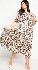 Eloquii Floral Puff Sleeve Midi Dress‎ in Cream Size 16 Photo 0