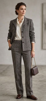 Vintage Carlisle Black White Marled tweed herringbone Pant Suit Wool Blend 12 Photo 0