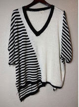 POL Black & White Striped V-Neck Dolman Sleeve Knit Sweater Size L Photo 0