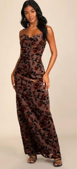 Lulus Brown Floral Cowl Neck Maxi Dress Size L Photo 0