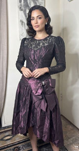 VTG 80s Whimsigoth High-Low Prom Dress Metallic Purple Taffeta Black Lace-Bow S Photo 0