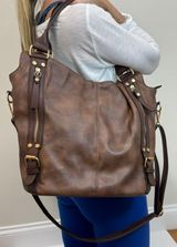 Vegan Leather Bucket Tote Crossbody Bag Brown Gold Hardware Photo 0
