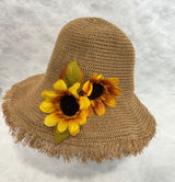 Womens‎ Brown Woven Paper Straw Sun Hat with Frayed Edge and Sunflowers Photo 0