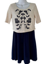 Lilka Cream Navy Blue Short Sleeve Embroidered Cutout Flower Mini Dress Size XS Photo 0