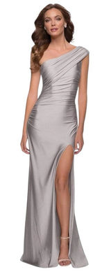La Femme One Shoulder Shiny Ruched Jersey Dress Slit Gown Silver Gray 6 Photo 0