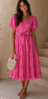 Dress forum pink embroidered floral midi tiered puff sleeve party summer $98 Photo 0