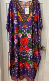 Miss Lavish Kaftan‎ Dress L Tropical Birds Flowers Resort White Lotus Boho NWT Photo 0