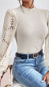 Boutique Sunflower Lace Sleeve Waffle Knit Bubble Sleeve Top M Photo 0
