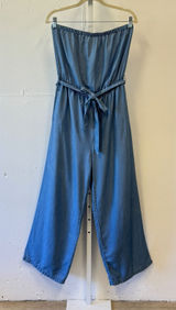Forever 21 Strapless Lyocell Wide Leg Jumpsuit Medium Chambray‎ Belted Tube Blue Photo 0