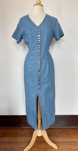 Vintage 80s Western V-Neck Faux Button-Front Light Blue Denim Midi Dress Photo 0