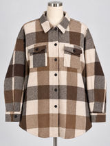 Womens XL Brown Cream Plaid Flannel Shacket Oversized Button Down Shirt Photo 0