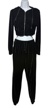 Black Velvet Tracksuit Set Size Medium‎ Crop Zip Hoodie Joggers Y2K Streetwear Photo 0