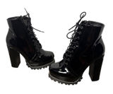 Liliana Black Patent Lace-Up Combat Boots Chunky Platform Heel Size 8 Photo 0