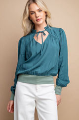 Women's Teal Tie-Front Long Sleeve Blouse new Photo 0